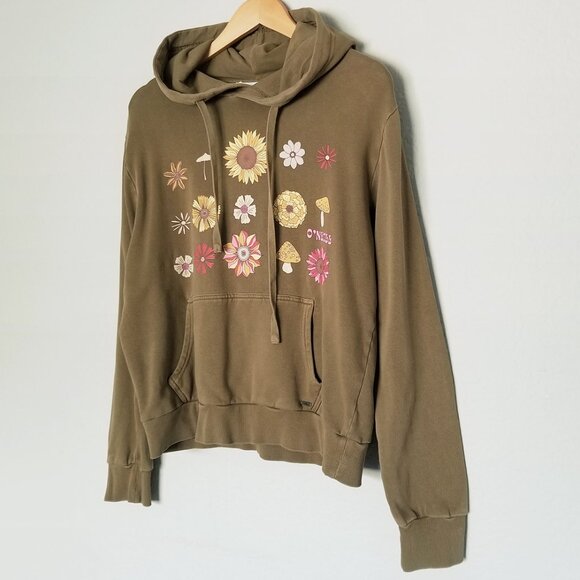 O'Niell Offshore Cotton Fleece Graphic Hoodie M Olive Green Mushroom Flower Boho - Picture 6 of 16